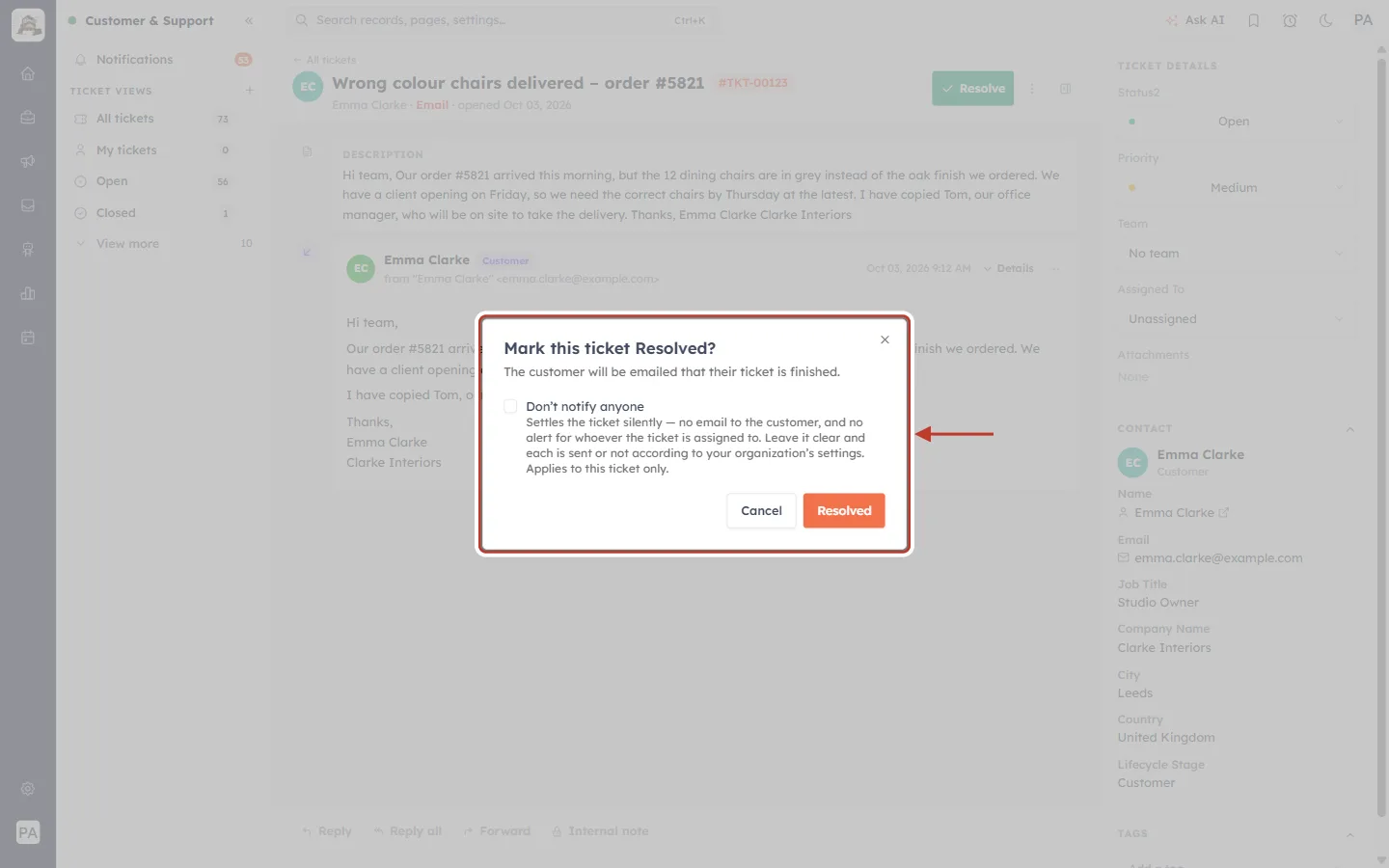 Mark this ticket Resolved dialog