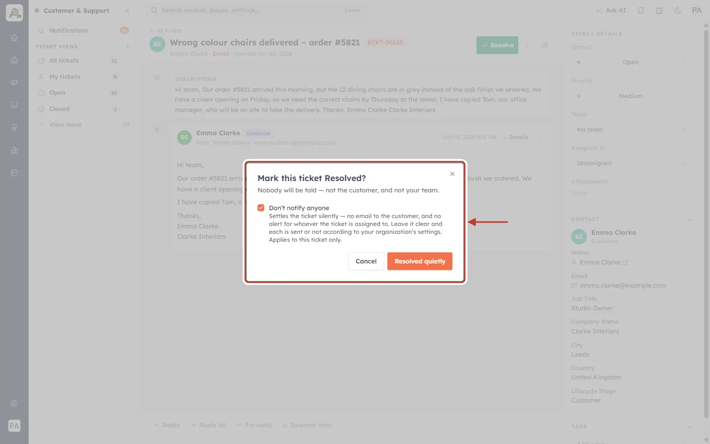 Resolving quietly with Don’t notify anyone ticked