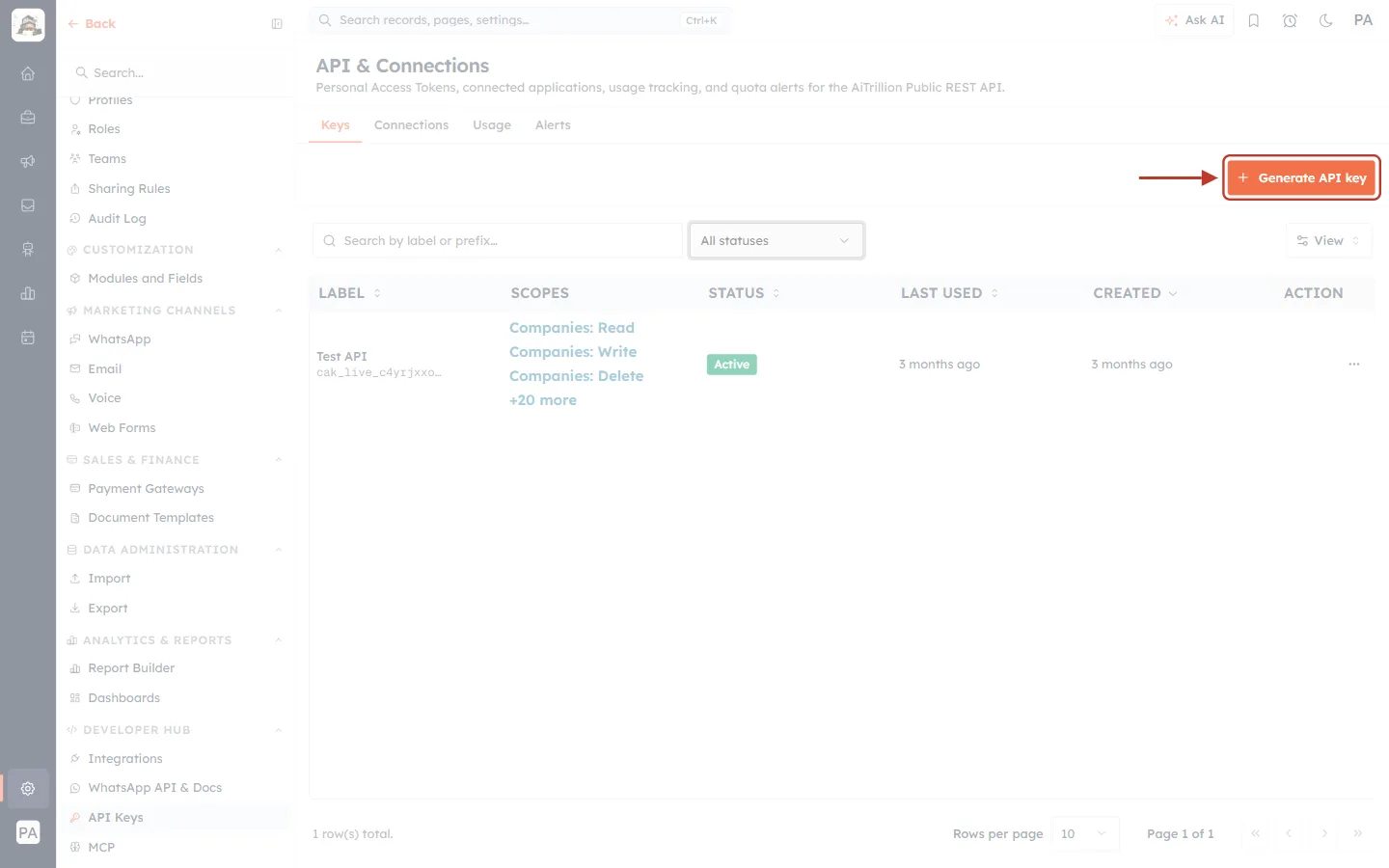 The Generate API key button
