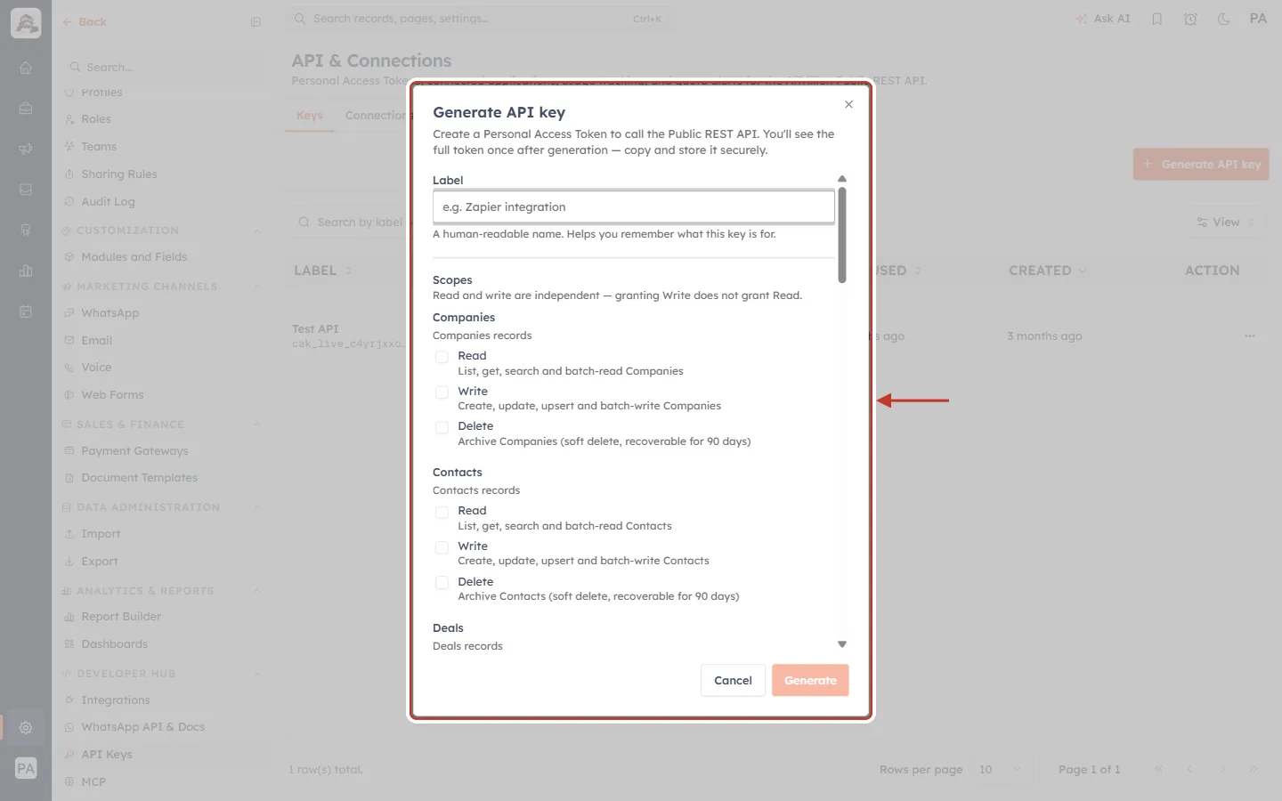 The Generate API key window