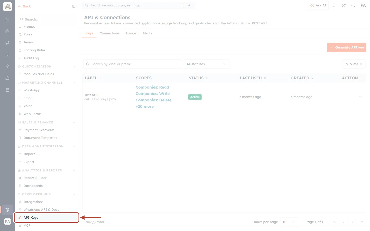 API Keys in the Settings menu