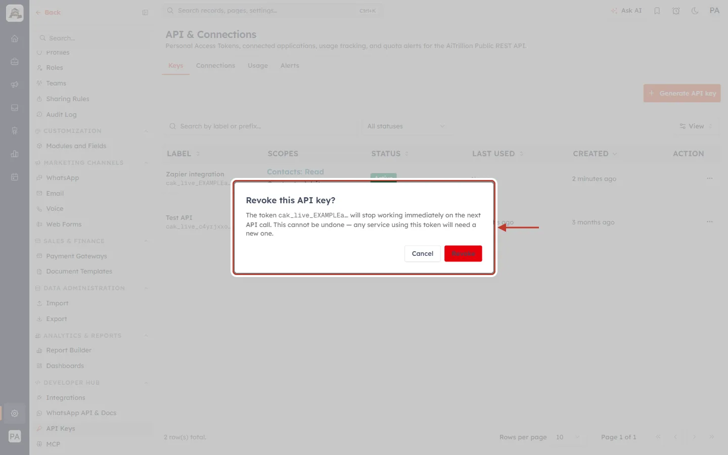Revoke this API key? confirmation