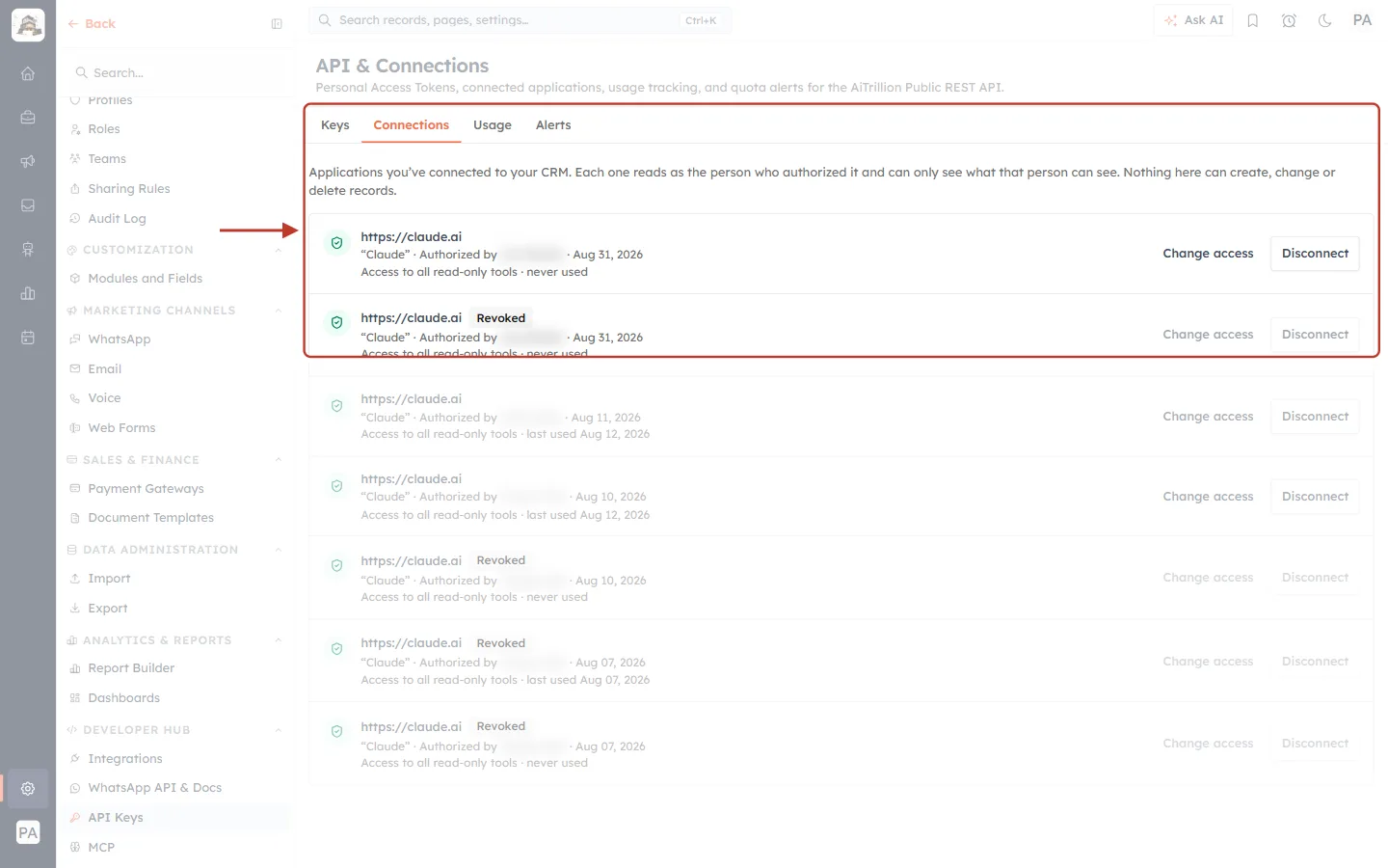 The Connections tab
