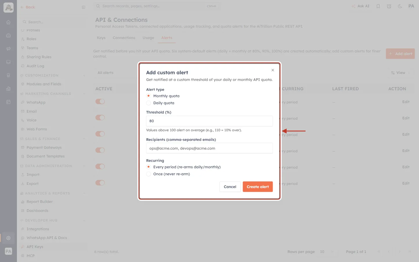 The Add custom alert window