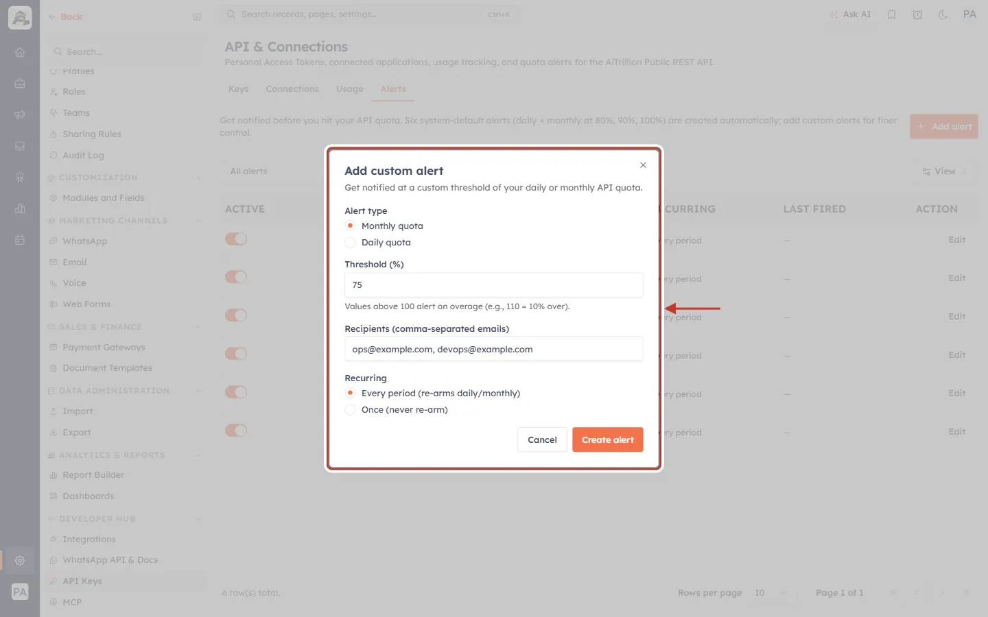 A custom alert filled in