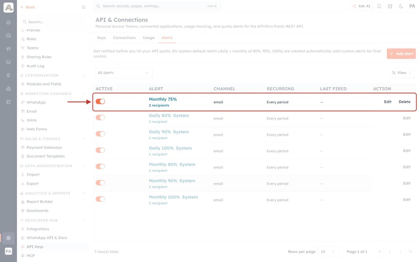 The new custom alert in the list