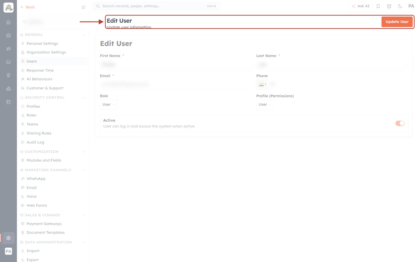 The Edit User page