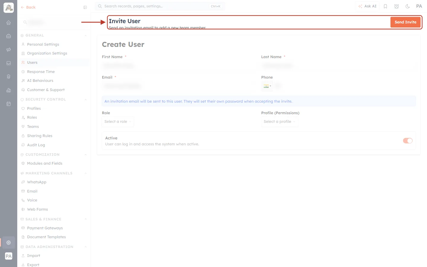 The Invite User page