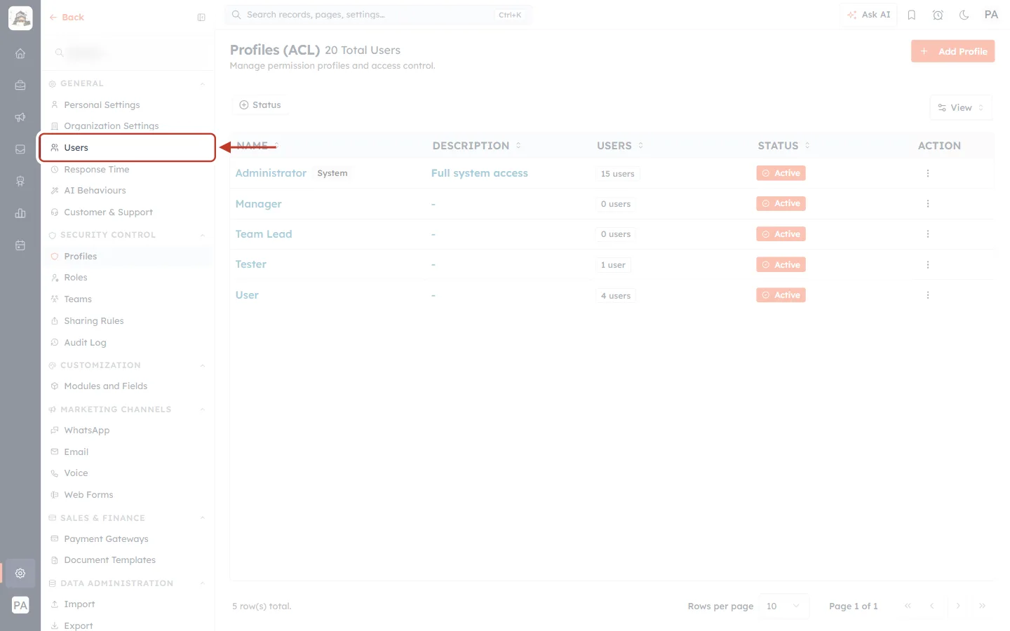 Users in the Settings menu