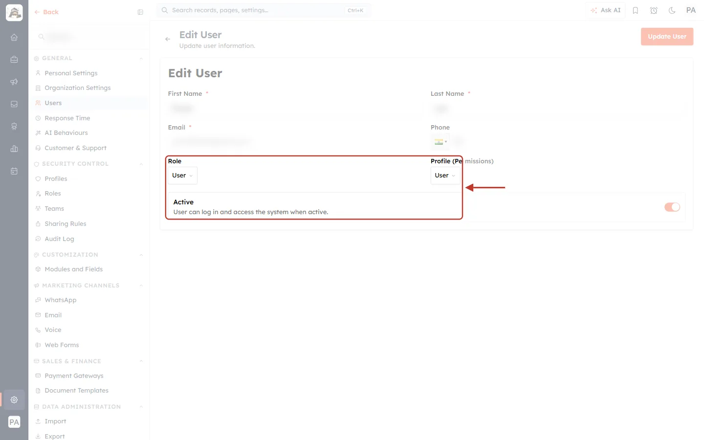 Role, Profile (Permissions) and Active