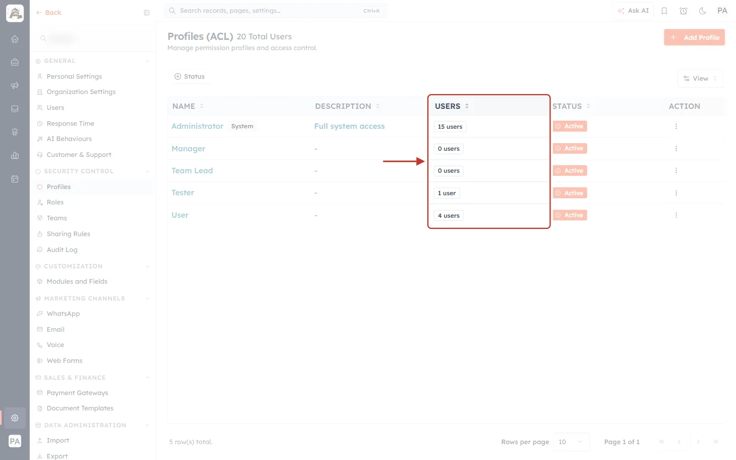 The USERS column on the Profiles list