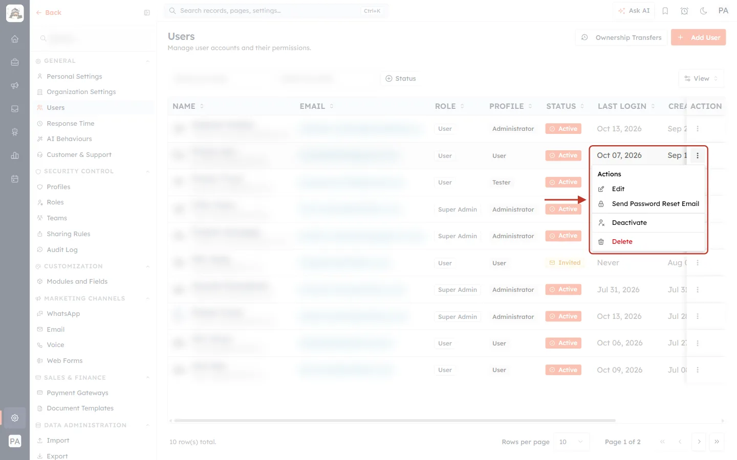 The user’s action menu