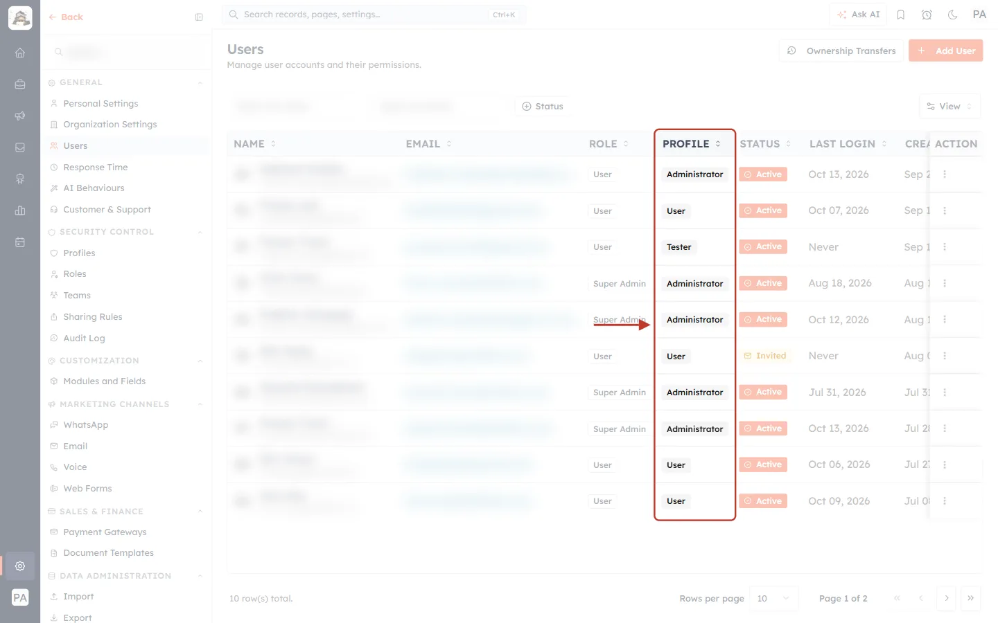 The PROFILE column on the Users list