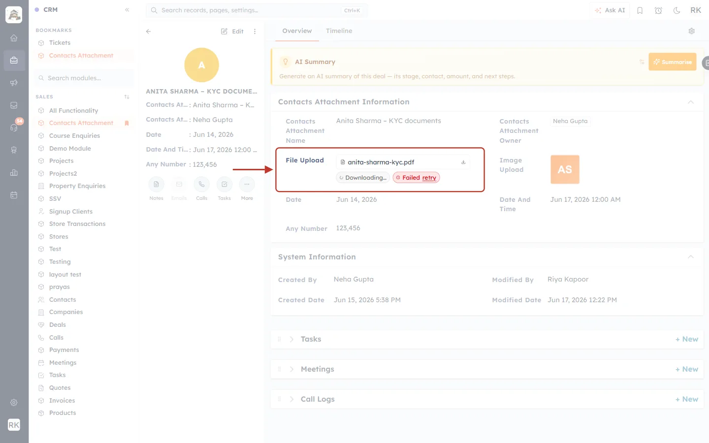 File Upload field showing a downloaded file, a Downloading chip and a Failed retry chip