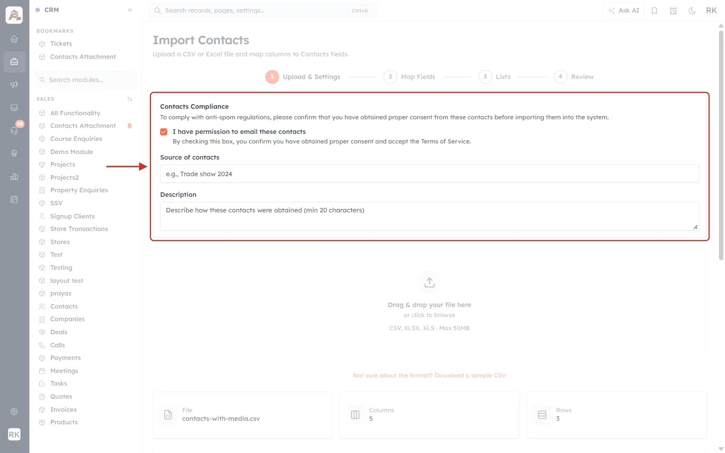 Contacts Compliance box with the permission checkbox ticked