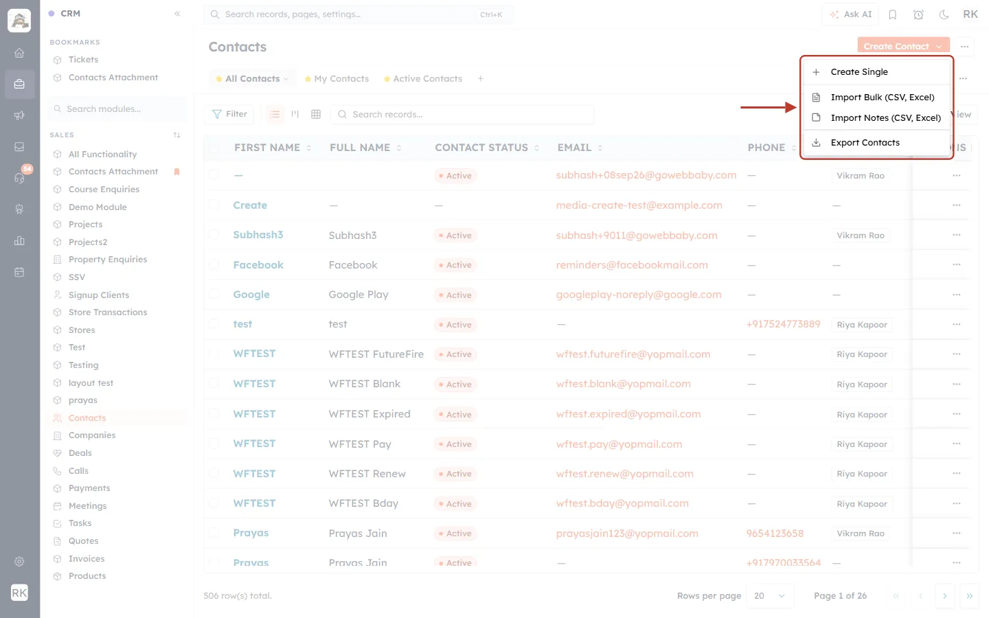 Create Contact menu with Create Single, Import Bulk, Import Notes and Export Contacts