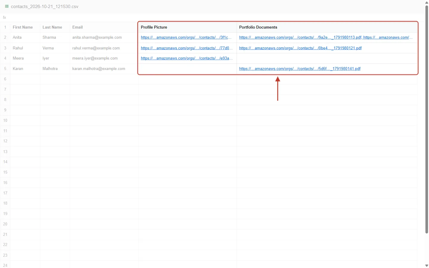 Exported contacts CSV with Profile Picture and Portfolio Documents link columns