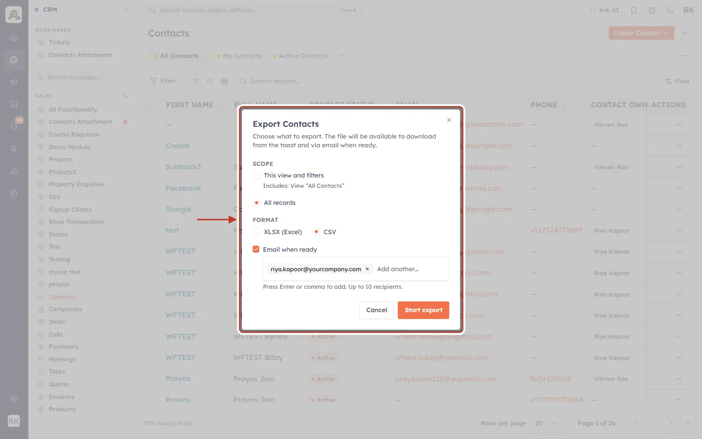 Export Contacts dialog with scope, CSV format and email recipient