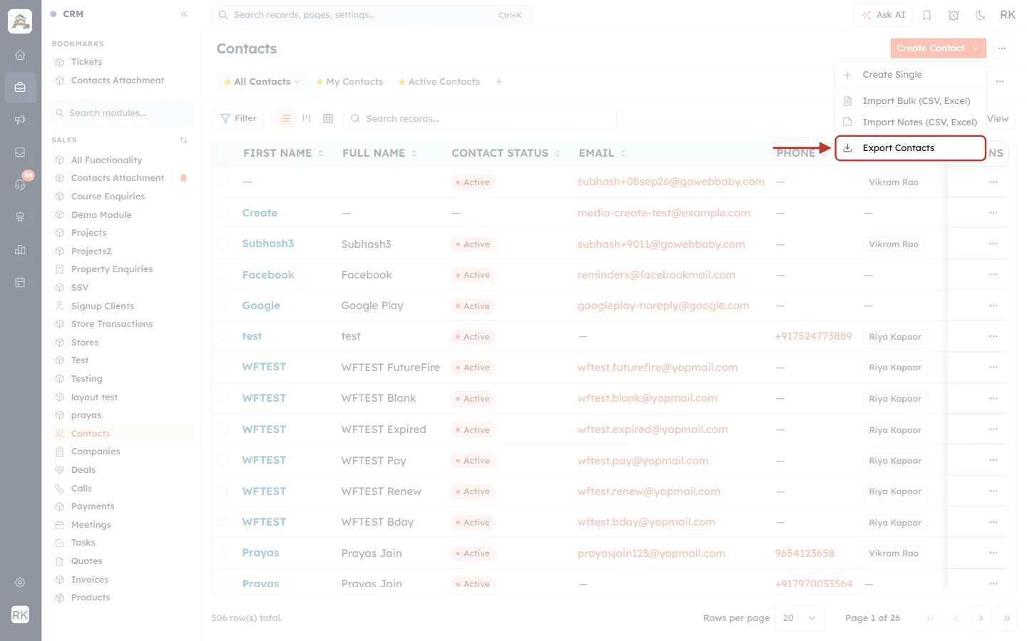Export Contacts menu item highlighted