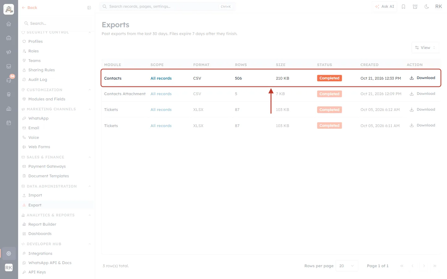 Exports page listing past exports with a Download link