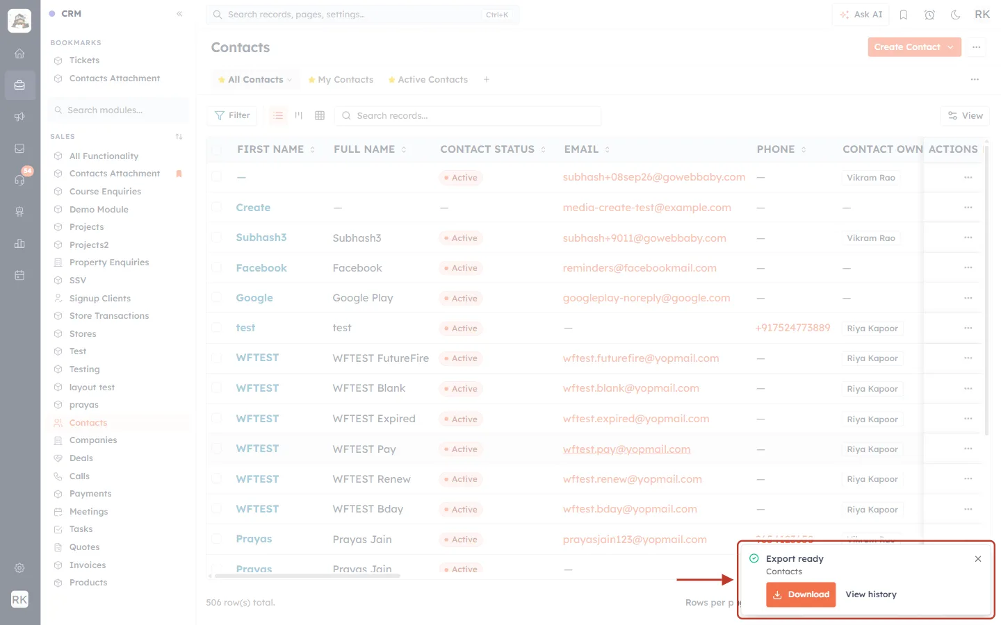 Export ready card with Download and View history buttons