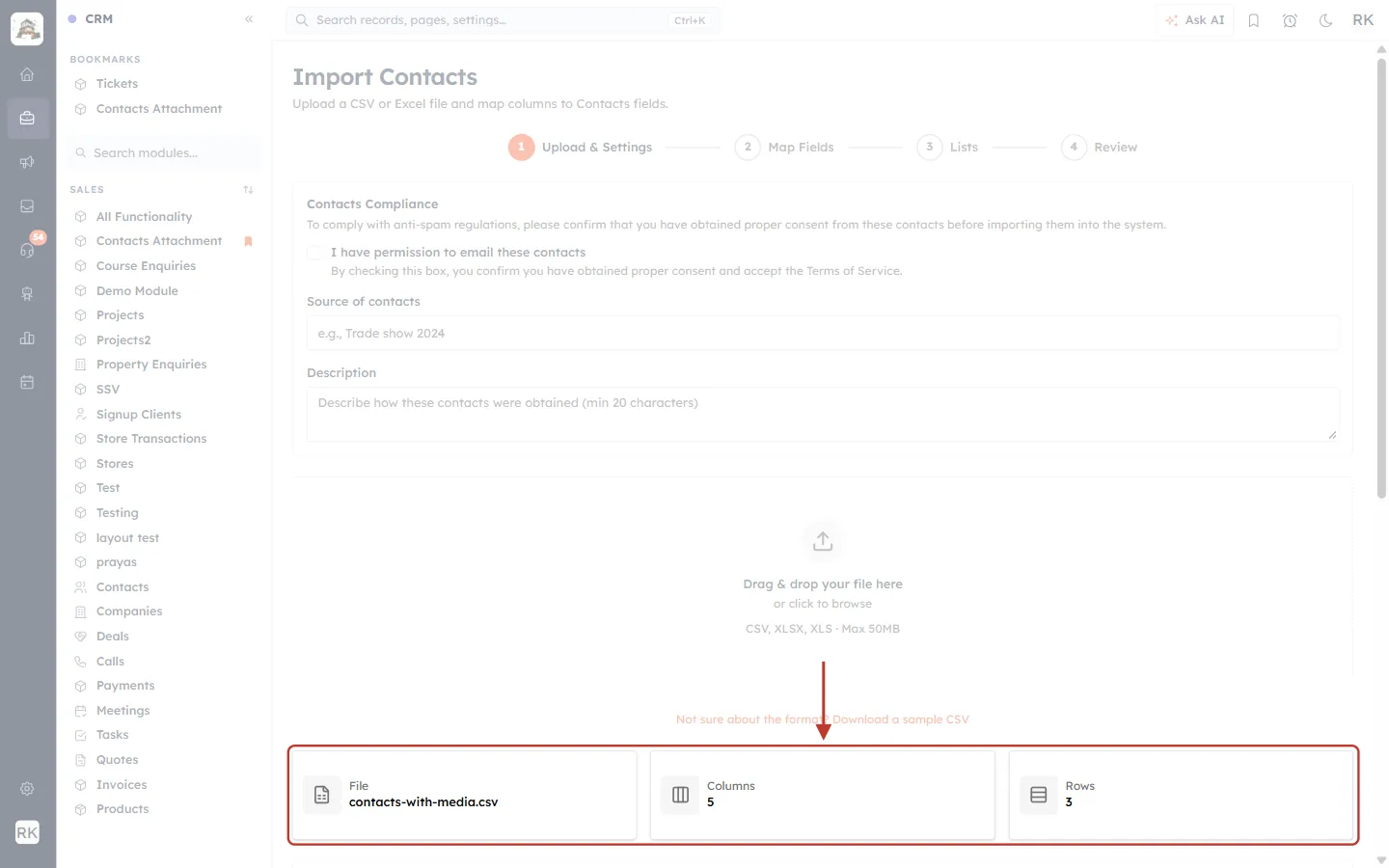 File, Columns and Rows cards after the CSV is uploaded