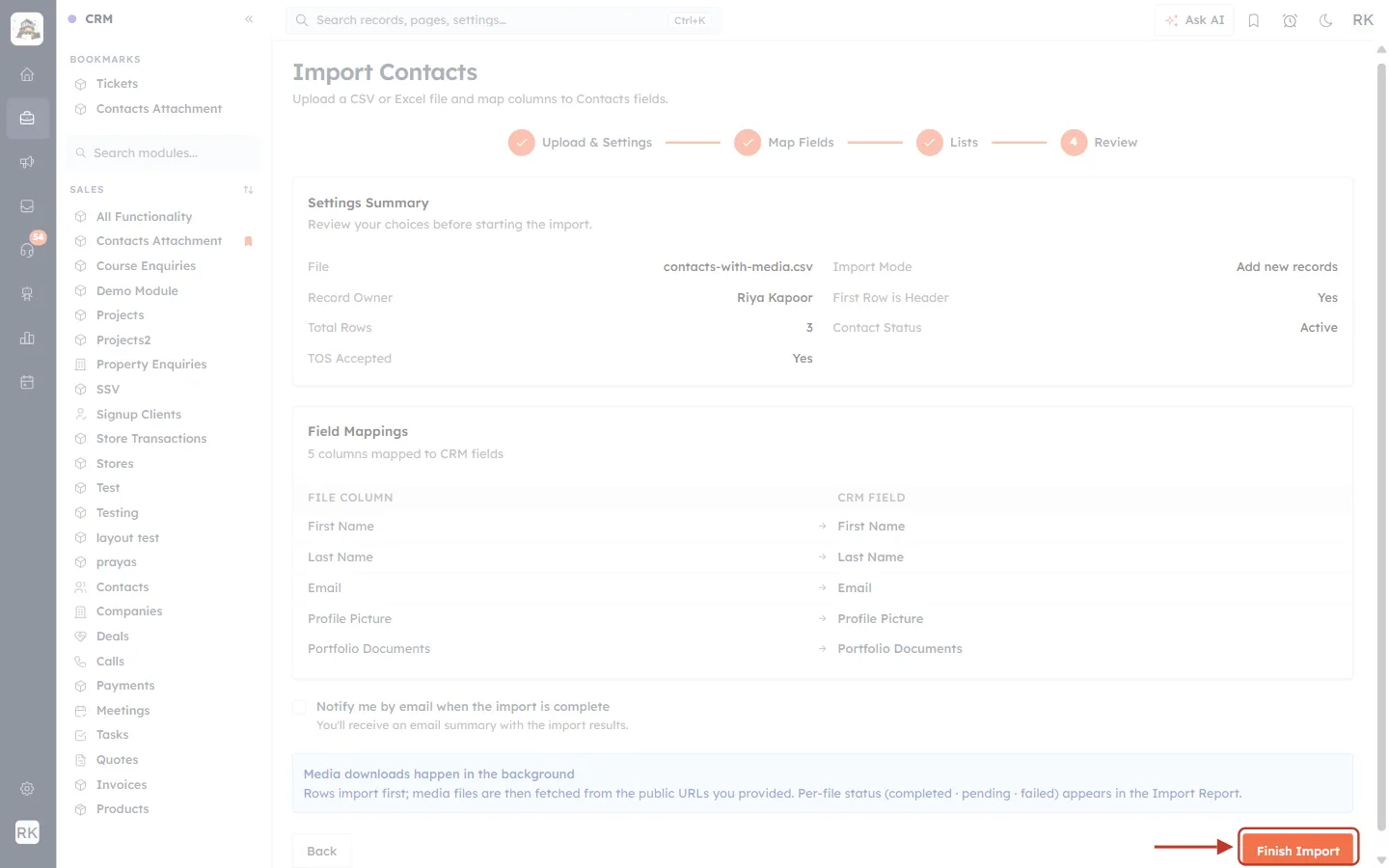 Finish Import button