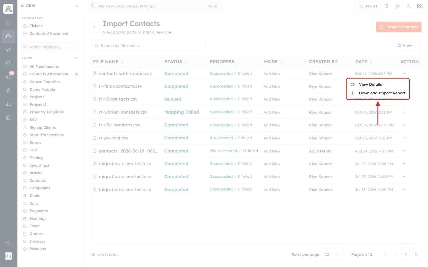 Import row menu with View Details and Download Import Report