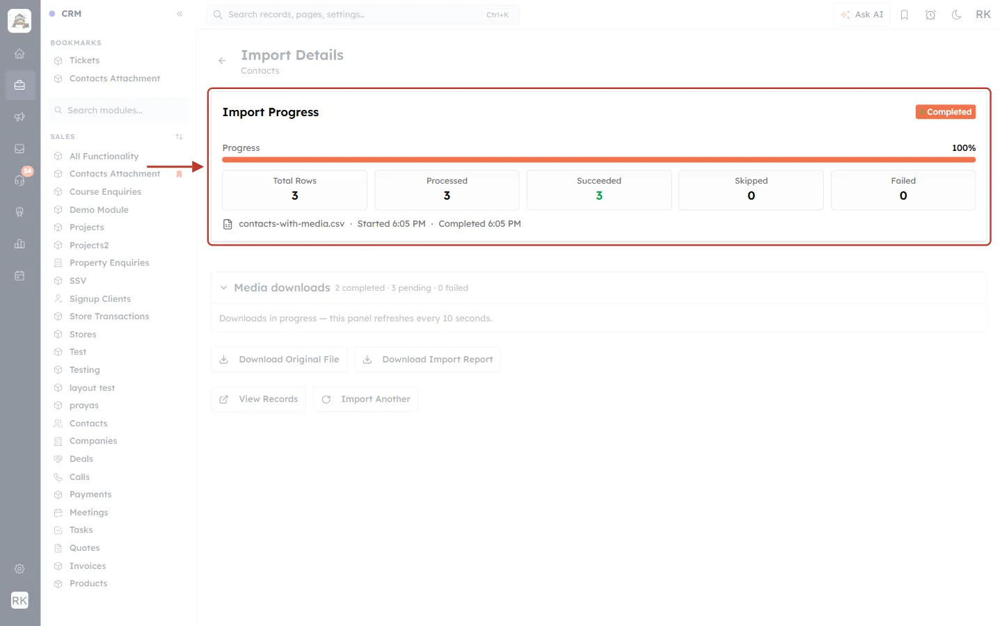 Import Progress card on the Import Details page