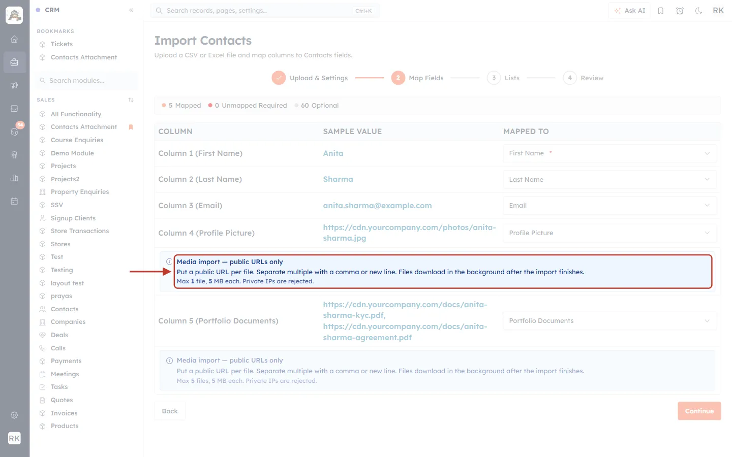 Media import public URLs only note under the Profile Picture column