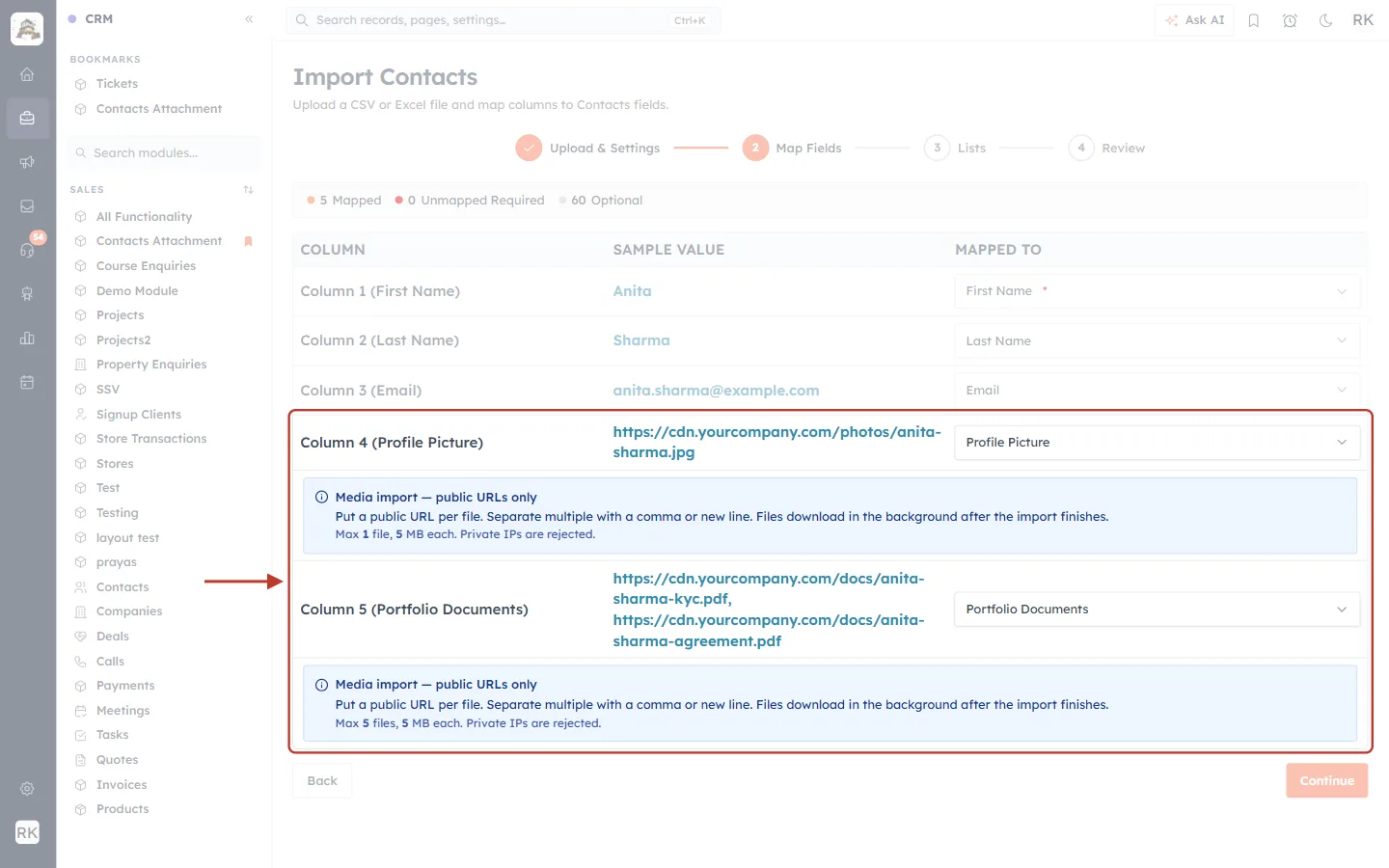 Map Fields with Profile Picture and Portfolio Documents mapped and the media notes