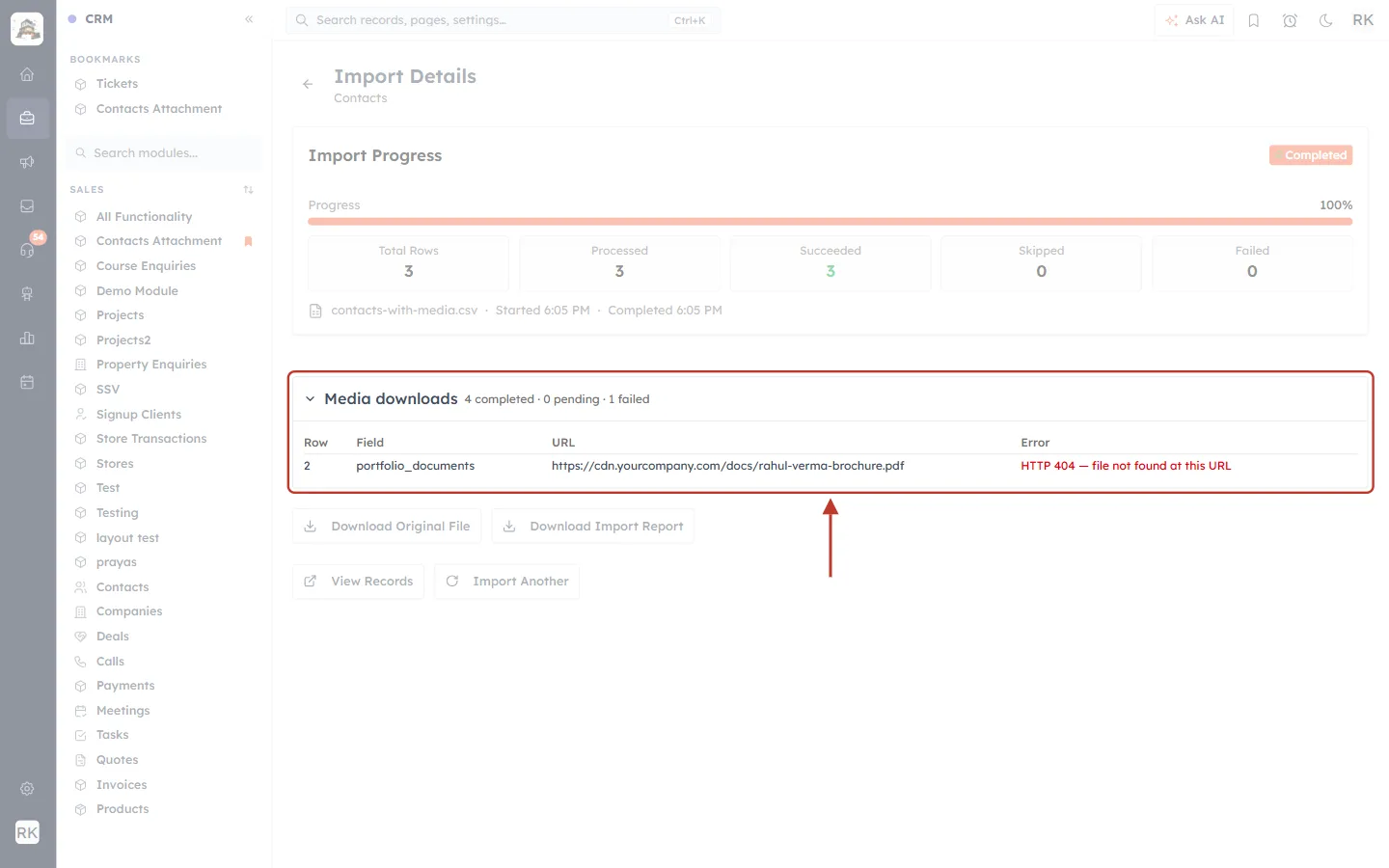 Media downloads panel listing a failed download with row, field, URL and error