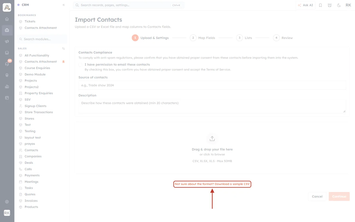 Download a sample CSV link under the upload box