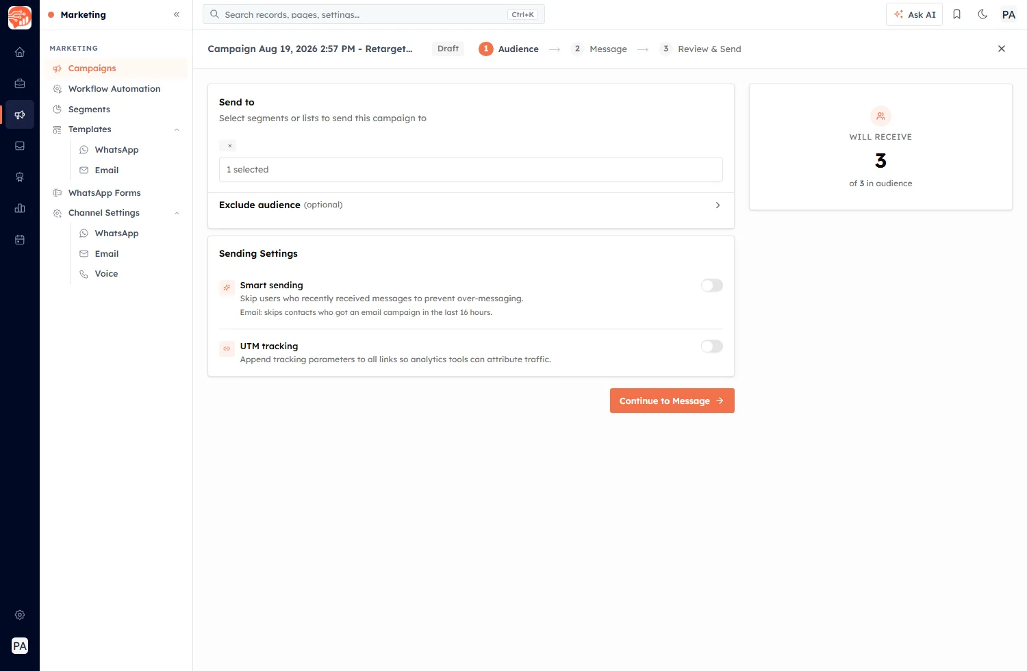 The campaign builder on its Audience step, showing the three-step header