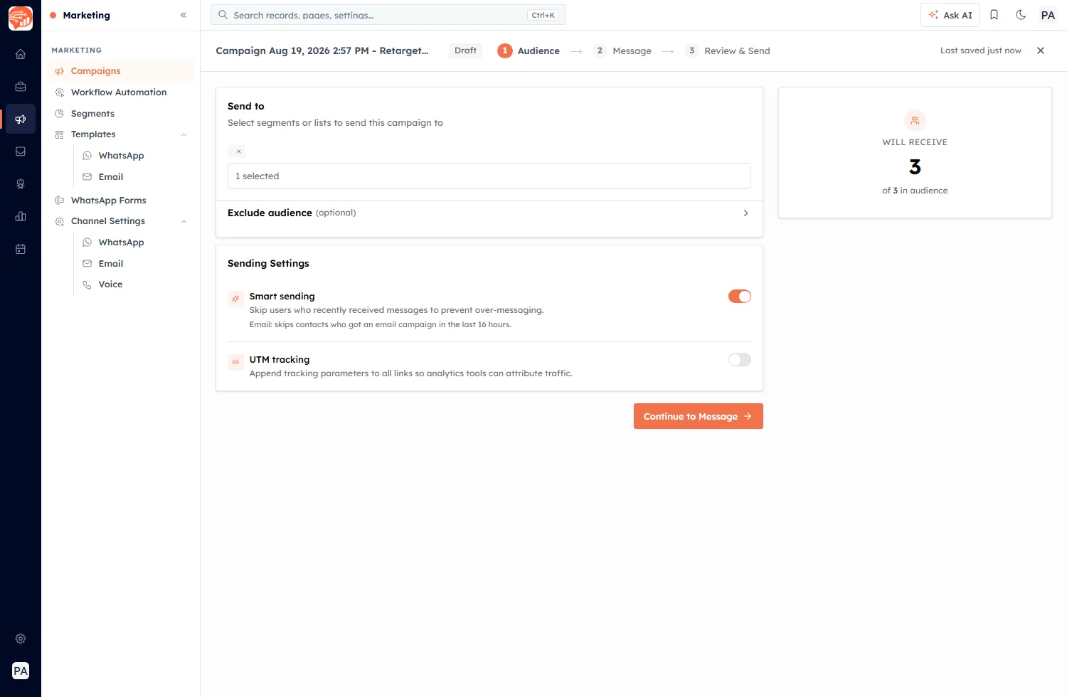 The campaign Audience step, with the recipient estimate panel on the right