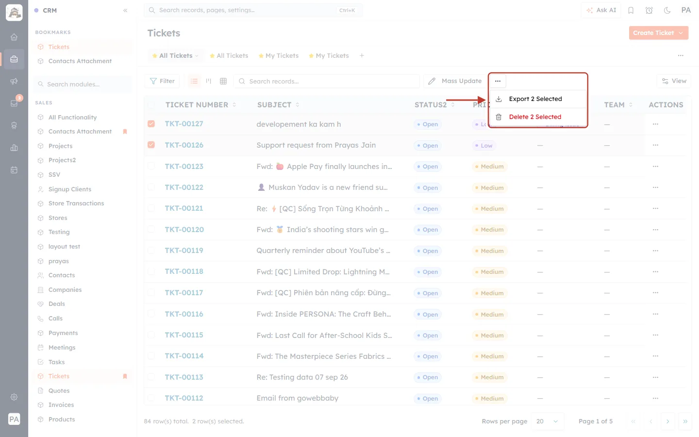 Bulk record actions menu