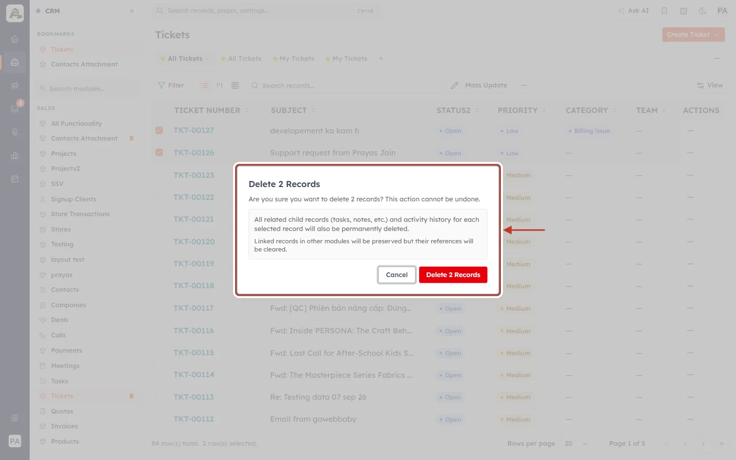 Delete records confirmation