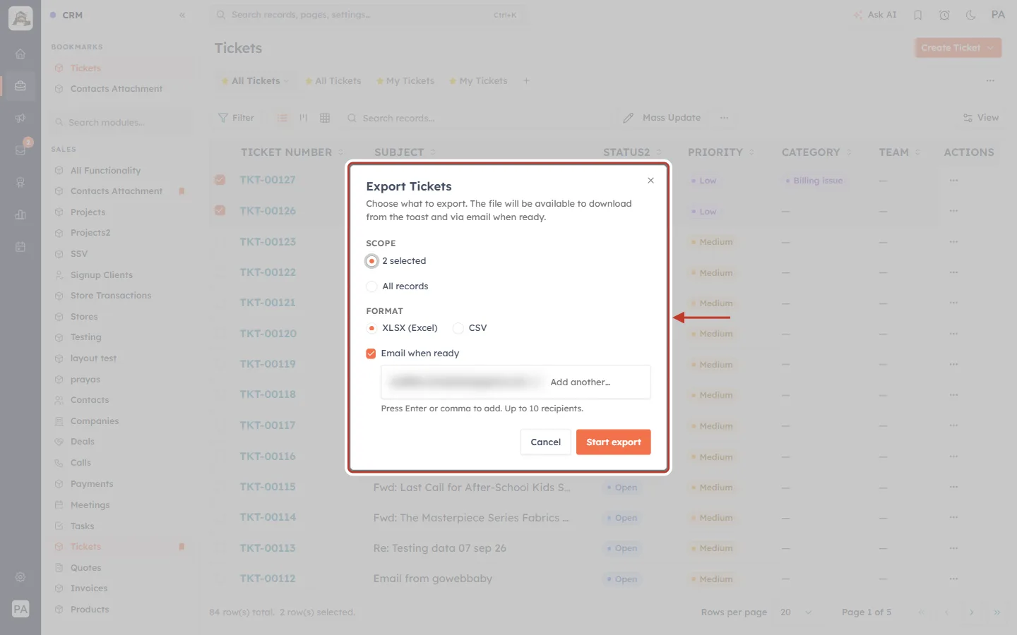 Export Tickets dialog