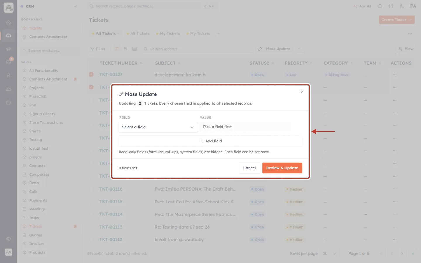 The Mass Update dialog