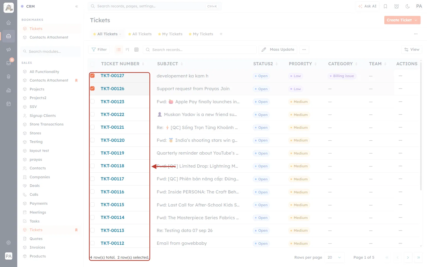 Tickets selected in the module list