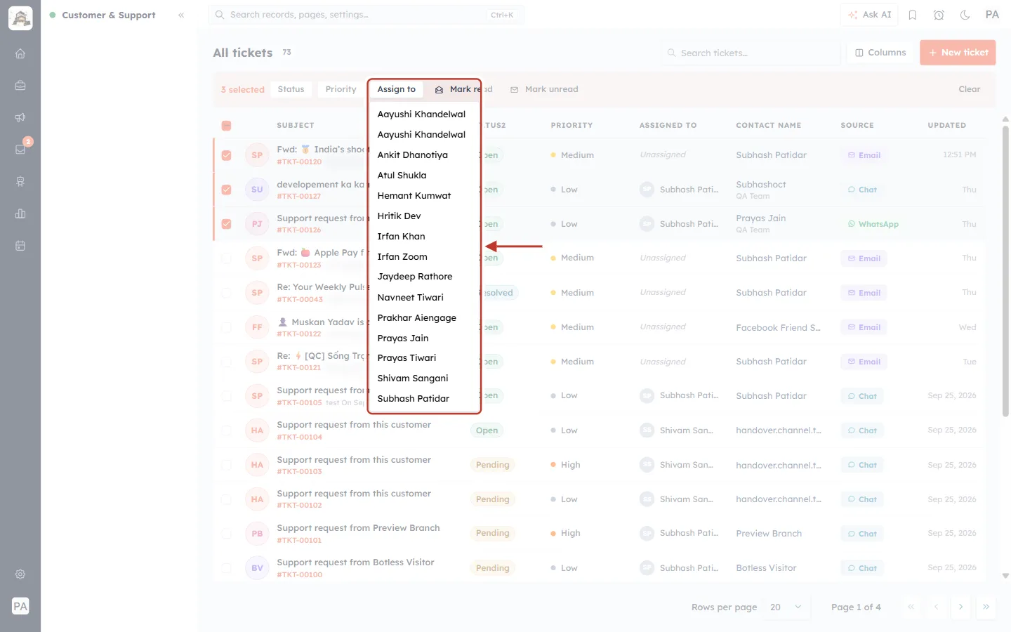 The bulk Assign to menu