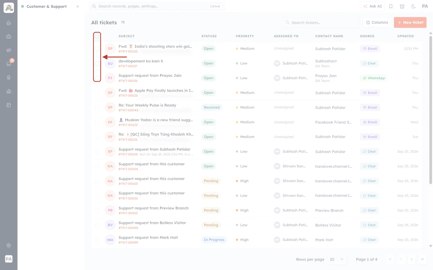 The selection checkboxes