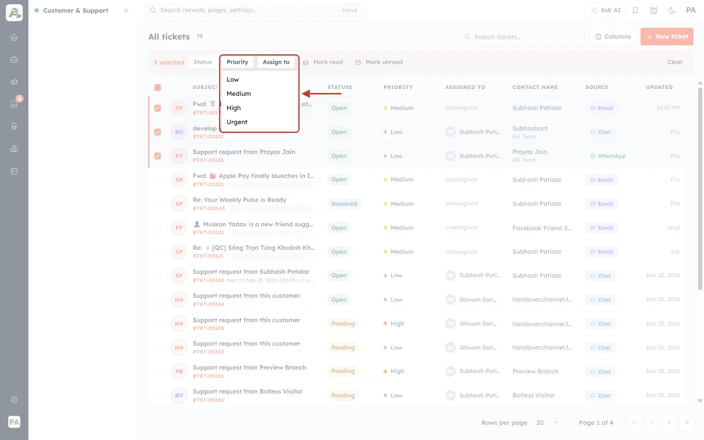 The bulk Priority menu