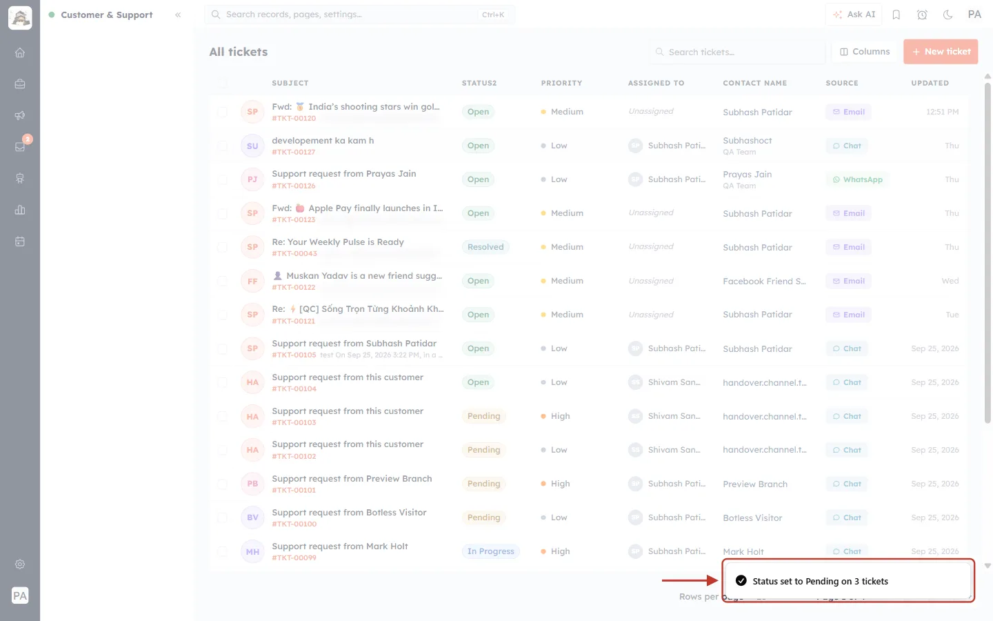 Status set to Pending on 3 tickets