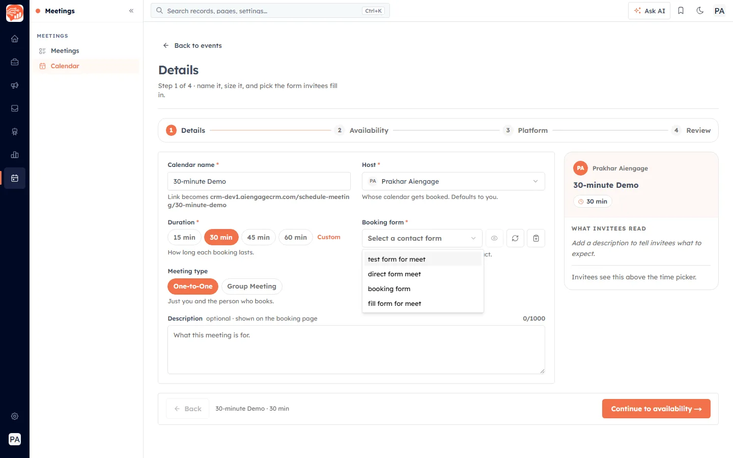 The Booking form dropdown open on step 1, listing the account’s contact forms
