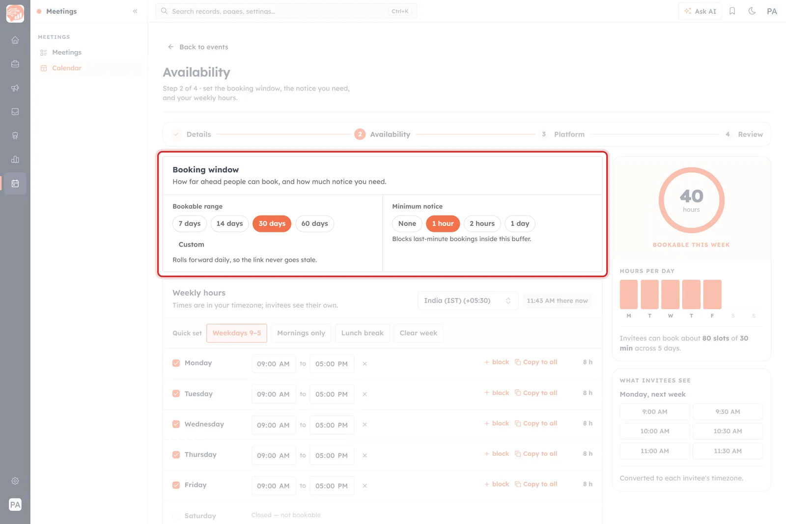 The Booking window card highlighted, with Bookable range and Minimum notice
