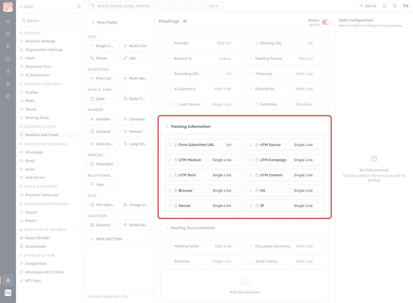 The Meetings module builder with the Tracking Information fields highlighted
