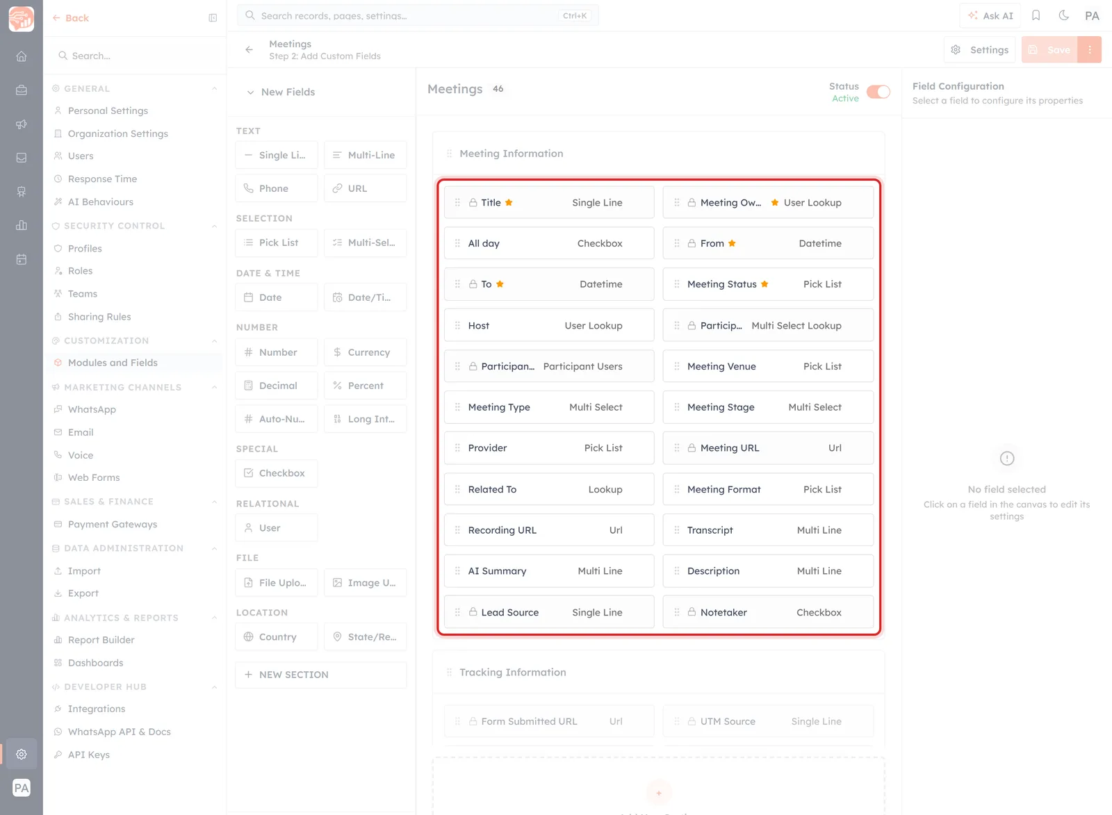 The Meetings module builder with the Meeting Information fields highlighted