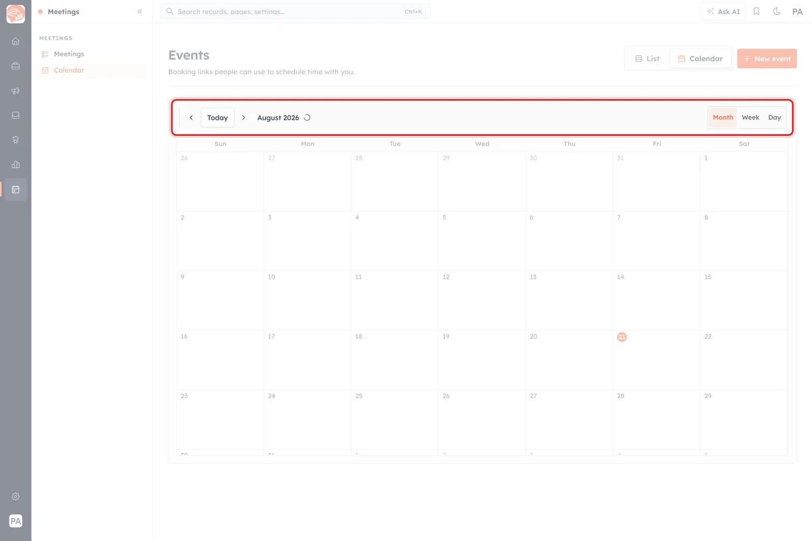 The Events screen in Calendar view, with Today, the month name and the Month, Week and Day options highlighted