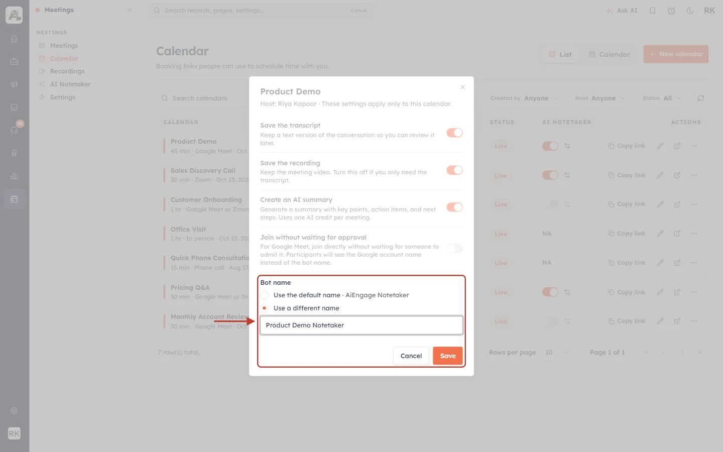 Bot name set to a different name for the Product Demo calendar